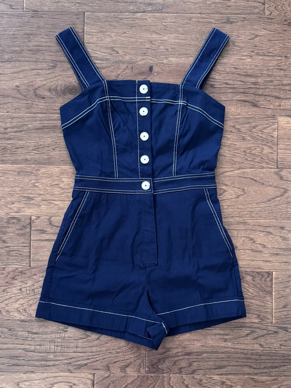 NWT Anthropologie Maeve The Portside Button-Front Romper in Navy Blue
